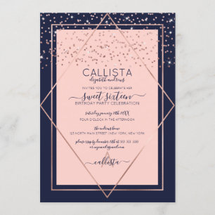 Navy Pink Rose Gold Confetti Border Sweet 16 Invitation