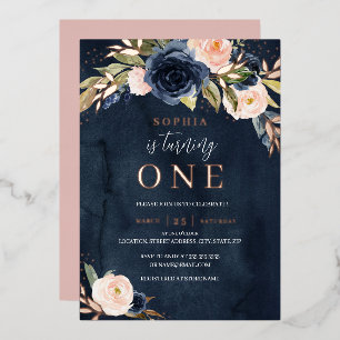 Navy Pink Rose Gold Floral Girl 1st Birthday
