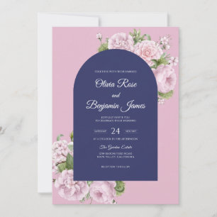 Navy Pink Rose Wedding Invitation