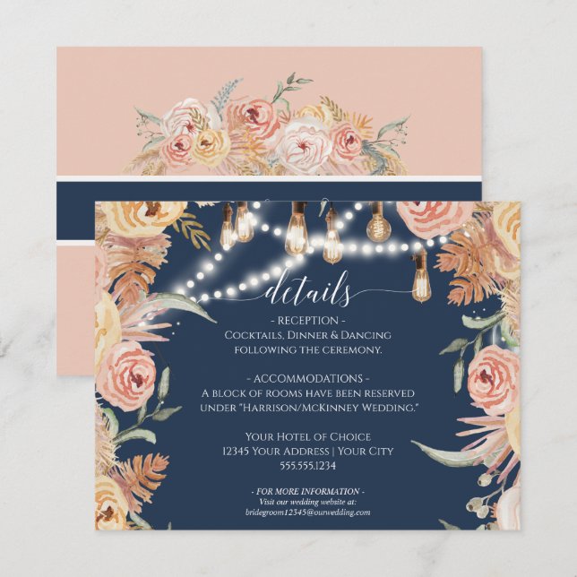Navy Pink Roses Floral Edison Lights Details Invitation (Front/Back)
