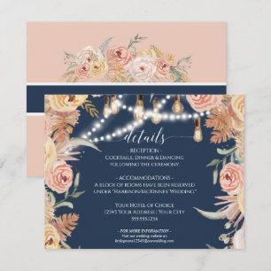 Navy Pink Roses Floral Edison Lights Details Invitation