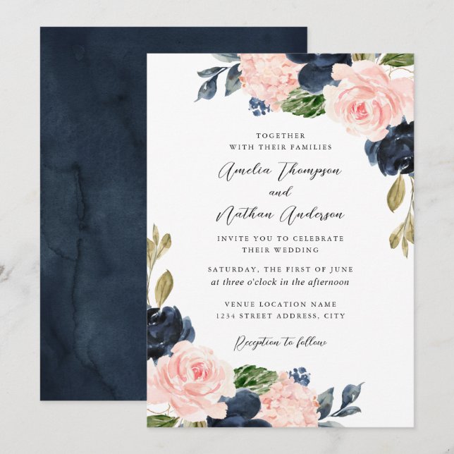Navy Pink Rustic Botanical Florals Wedding Invitation (Front/Back)
