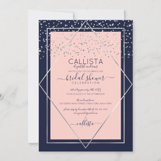 Navy Pink Silver Confetti Border Bridal Shower Invitation (Front)