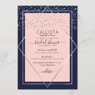 Navy Pink Silver Confetti Border Bridal Shower Invitation
