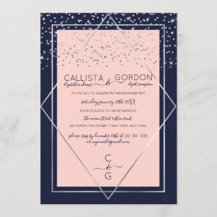 Navy Pink Silver Confetti Border Engagement Invitation
