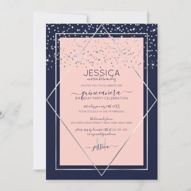 Navy Pink Silver Confetti Border Quinceañera Invitation (Front)