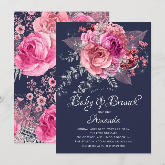 Navy Pink & Silver Floral Baby Brunch Shower Invitation (Front/Back)