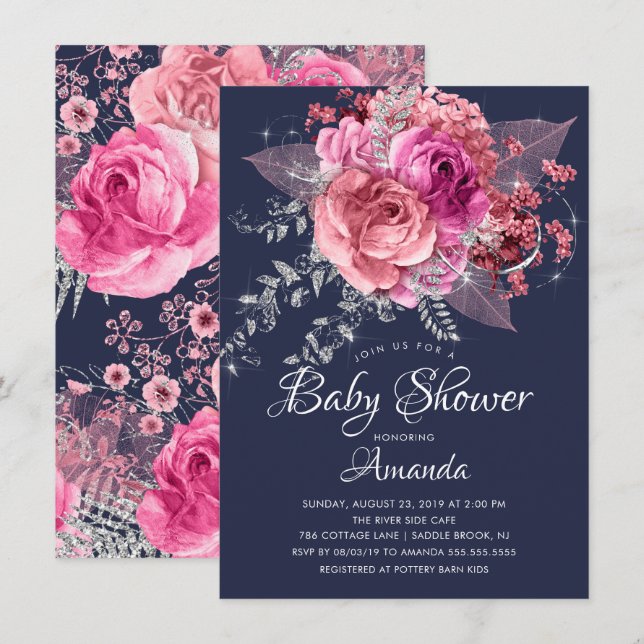 Navy Pink & Silver Floral Baby Shower Invitation (Front/Back)