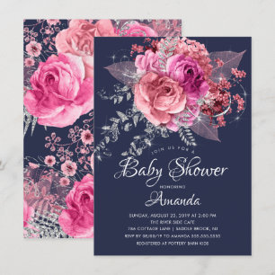 Navy Pink & Silver Floral Baby Shower Invitation