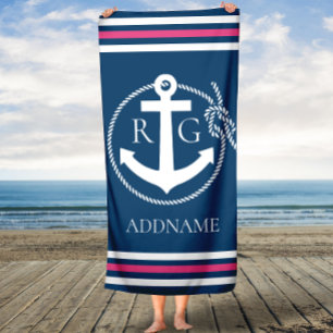 Navy Pink Stripes Anchor Rope Custom Bath Towel