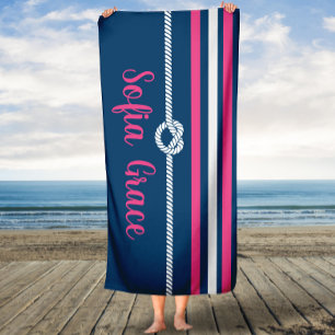 Navy & Pink Stripes Knot Rope Custom Bath Towel