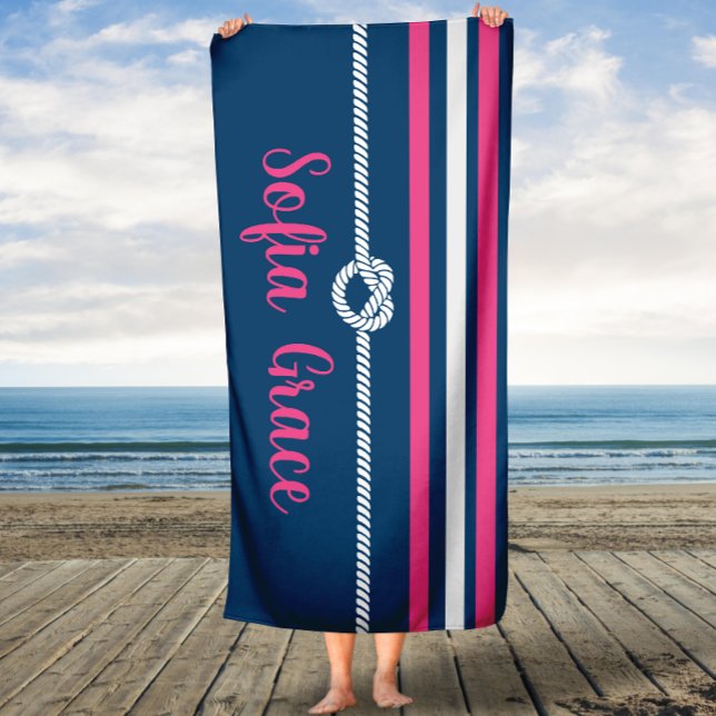 Navy & Pink Stripes Knot Rope Custom Bath Towel (Creator Uploaded)