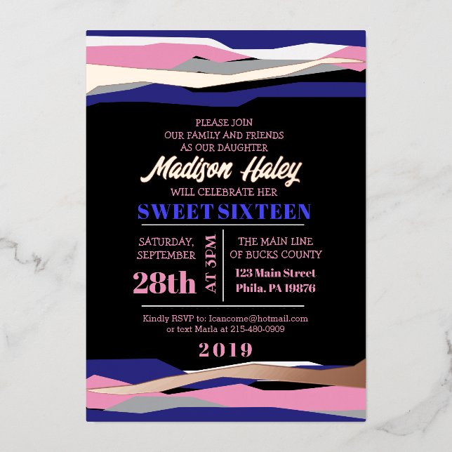 Navy Pink Sweet Sixteen 16 Invitation Rose Gold (Front)