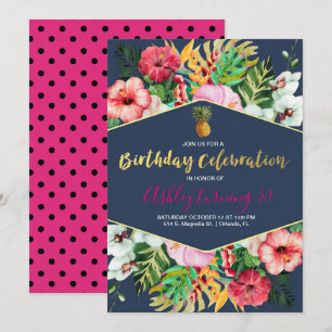 Navy & Pink Tropical Birthday Invitation