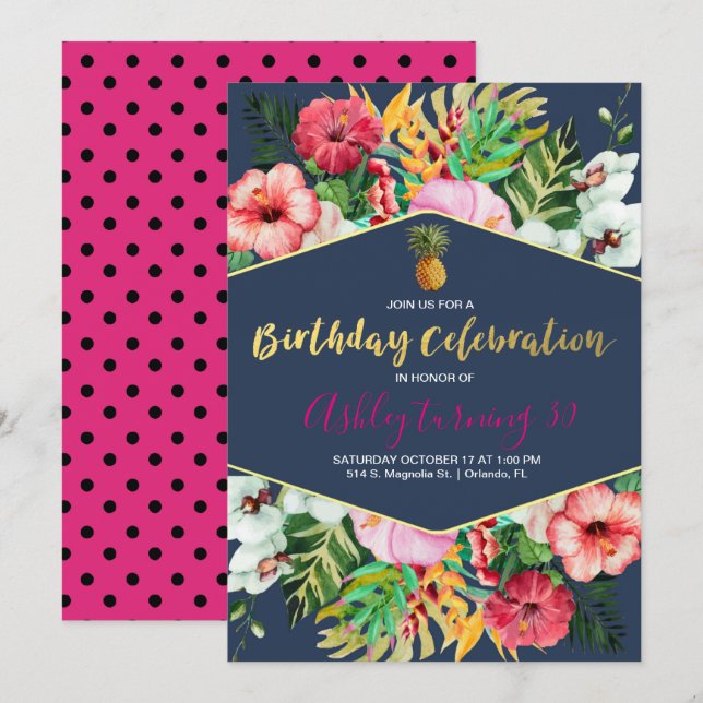 Navy & Pink Tropical Birthday Invitation (Front/Back)