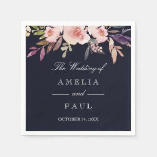 Navy Pink Watercolor Peonies Wedding Napkin