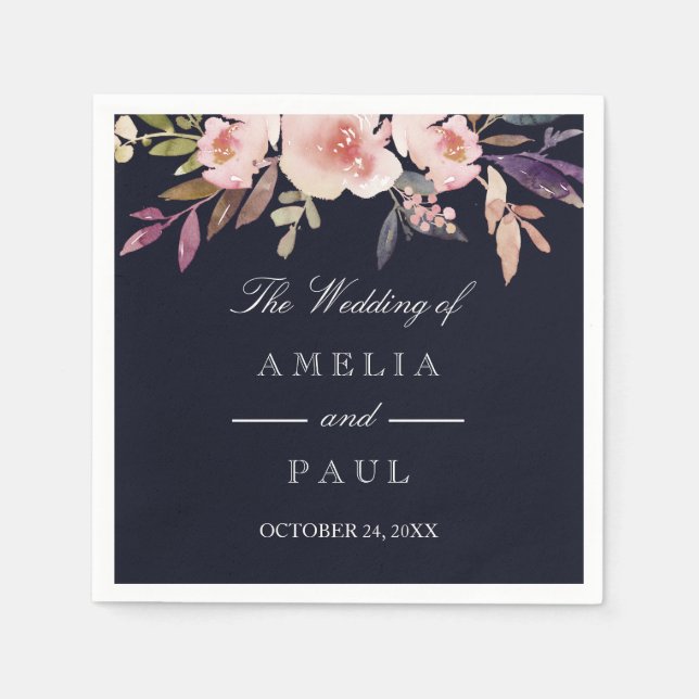 Navy Pink Watercolor Peonies Wedding Napkin (Front)