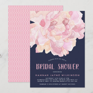 Navy & Pink Watercolor Peony Bridal Shower Invitation