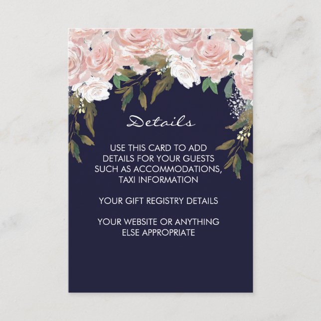 navy pink wedding details information card (Front)