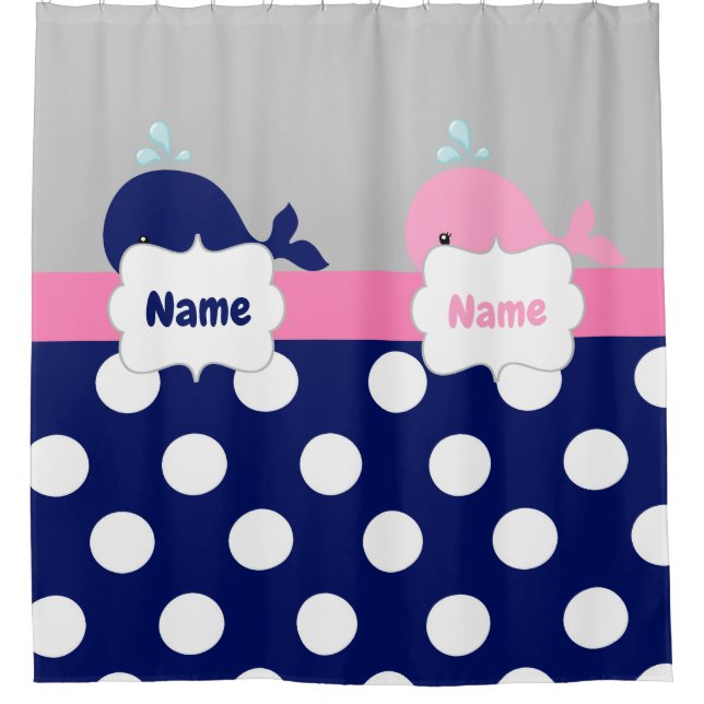Navy Pink Whale Personalised Shower Curtain (Front)