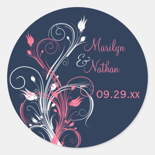 Navy Pink White Floral 1.5" Wedding Sticker (Front)