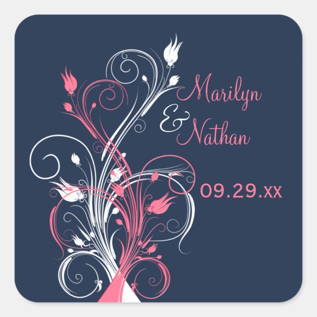 Navy Pink White Floral 1.5" Wedding Sticker (Front)