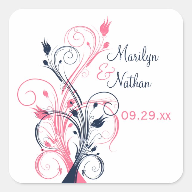 Navy Pink White Floral 1.5" Wedding Sticker (Front)