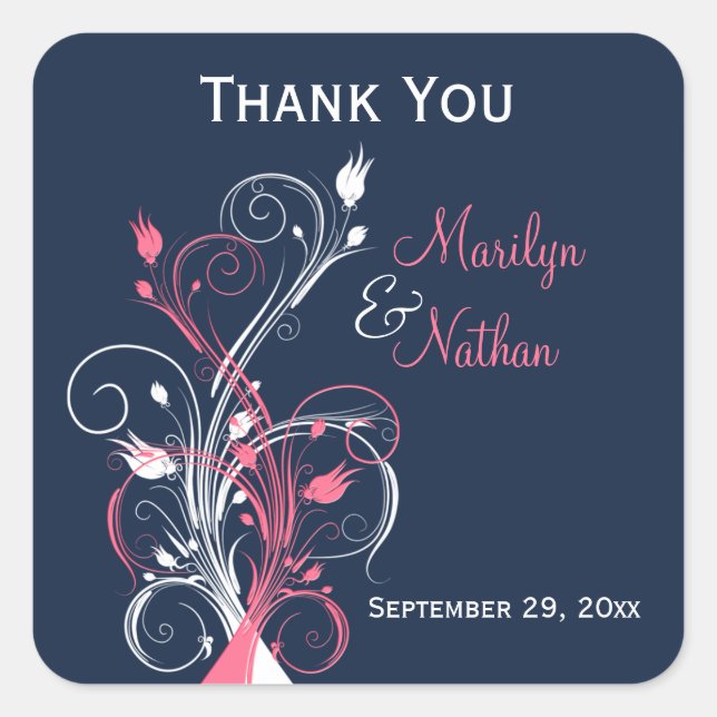 Navy Pink White Floral 1.5" Wedding Sticker (Front)