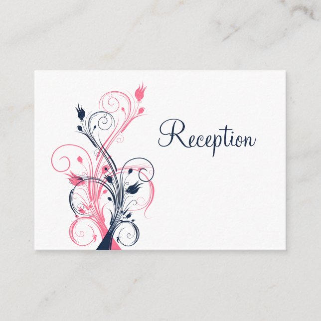 Navy Pink White Floral Reception Enclosure Card (Front)