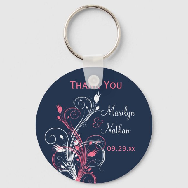 Navy Pink White Floral Wedding Favour Key Chain (Front)