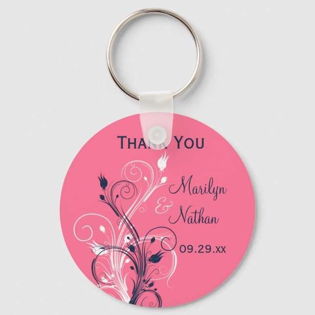 Navy Pink White Floral Wedding Favour Key Chain (Front)