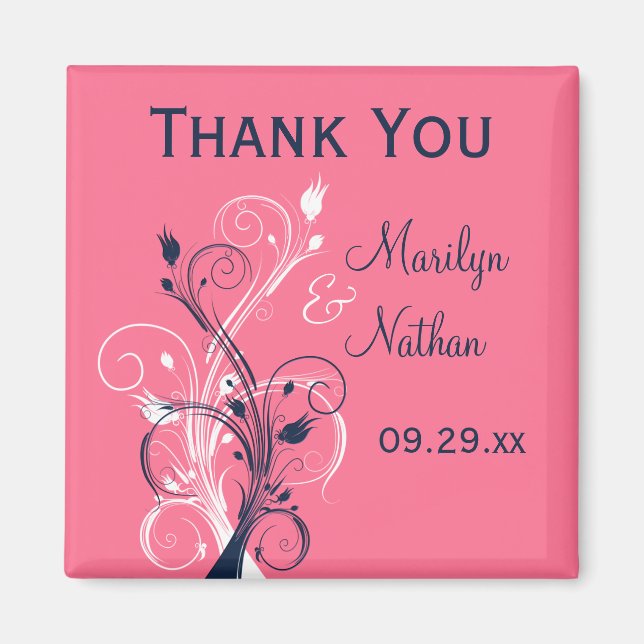 Navy Pink White Floral Wedding Favour Magnet (Front)