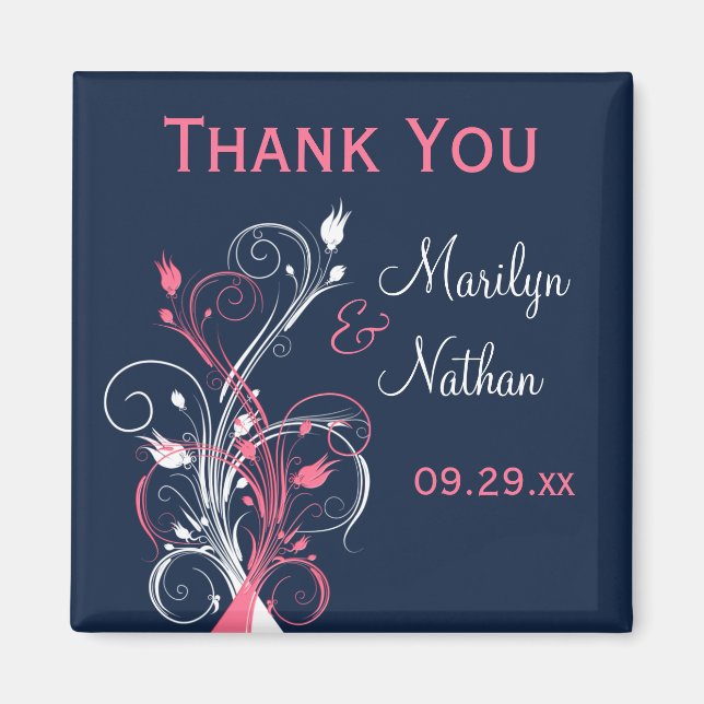 Navy Pink White Floral Wedding Favour Magnet (Front)
