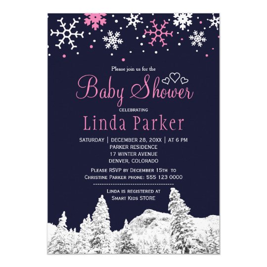 Navy pink white wonderland winter baby shower card