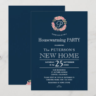 Navy pink wreath monogrammed housewarming party invitation