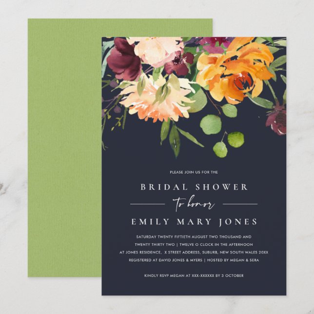NAVY PINK YELLOW ORANGE FLORAL BUNCH BRIDAL SHOWER INVITATION (Front/Back)
