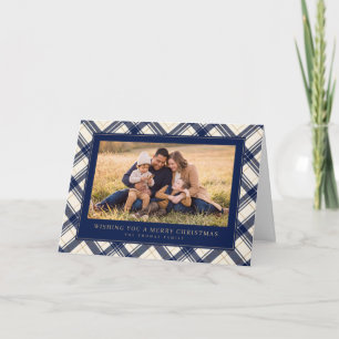Navy Plaid Border Merry Christmas Family Photo Holiday Card