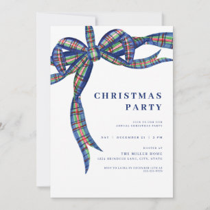 Navy Plaid Bow Holiday Christmas Party Invitation