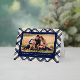 Navy Plaid Merry Christmas Family Photo Foil Holiday Card