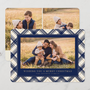 Navy Plaid Merry Christmas Family Photo Holiday Card