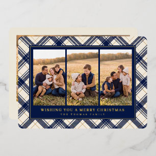 Navy Plaid Multi Photo Christmas Foil Holiday Card