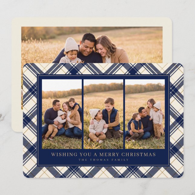 Navy Plaid Three Photo Christmas Card (Front/Back)