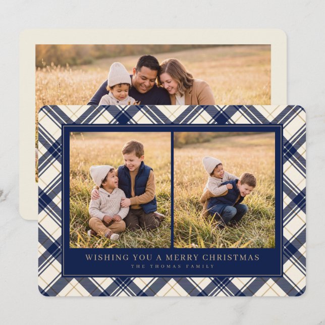 Navy Plaid Two Photo Christmas Card (Front/Back)