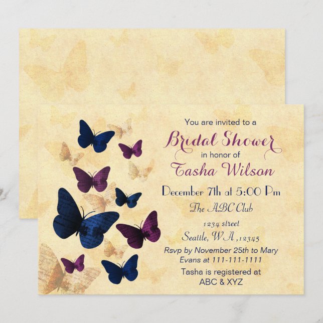 Navy Plum Butterflies Rustic brida shower invites (Front/Back)
