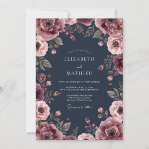 Navy Plum Floral Romance Wedding Invitation