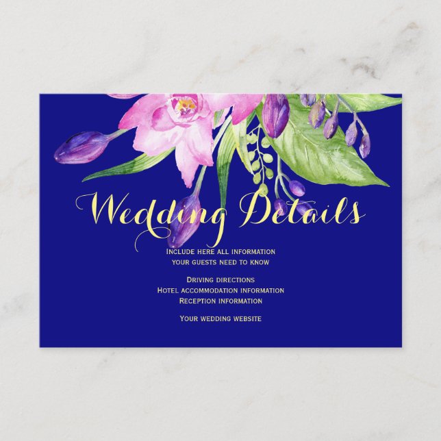 Navy plum summer floral wedding guest details enclosure card (Front)