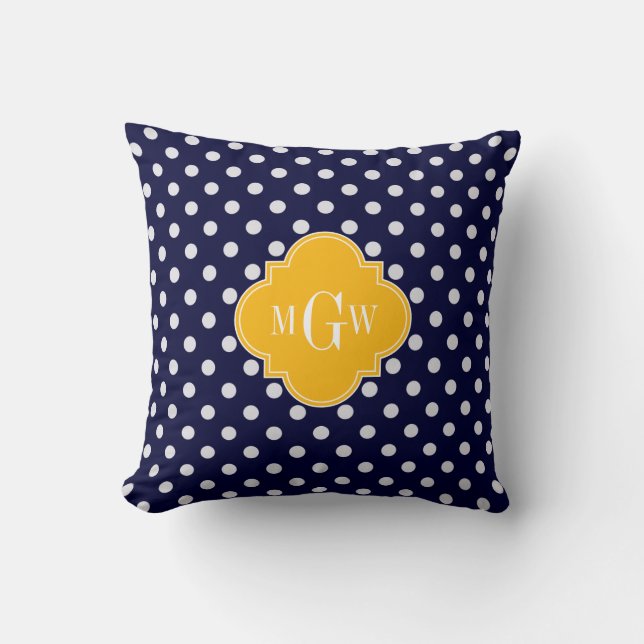 Navy Polka Dot Goldenrod Quatrefoil 3 Monogram Cushion (Front)