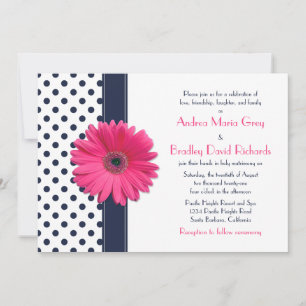 Navy Polka Dot Pink Daisy Wedding Invitation