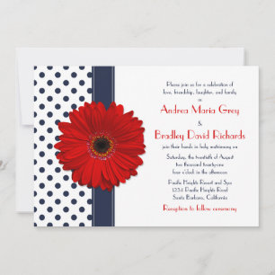 Navy Polka Dot Red Daisy Wedding Invitation
