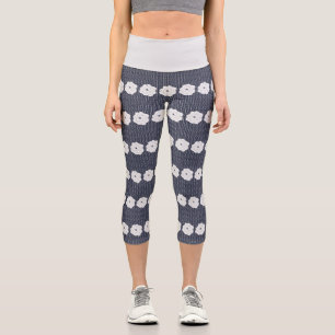 Navy Polka Dots & Big White Flowers Capri Leggings
